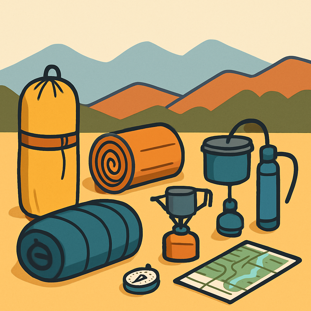 Een illustratie van georganiseerde, essentiële wildkampeeruitrusting: een ingepakte lichtgewicht tent, slaapzak, slaapmat, kookset, waterfilter, kaart en kompas, tegen een achtergrond van bergen.