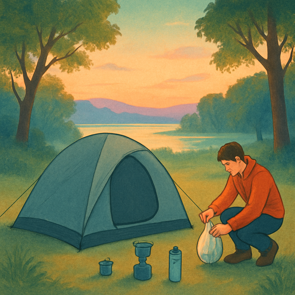 Een illustratie van een kleine, lichtgrijze tent die discreet is opgesteld in een rustige, bosrijke omgeving bij zonsopgang. Een persoon is bezig met het opruimen van afval in een zakje, en er staat een compacte gasbrander naast de tent, alles in lijn met 'Leave No Trace' principes.