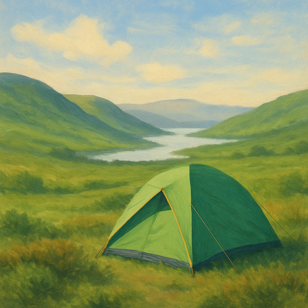 Een illustratie van een kleine, lichtgroene tent die discreet is opgezet in een uitgestrekt, rustig berglandschap. De tent is omgeven door groene heuvels en struiken onder een heldere, blauwe lucht, zonder enig teken van menselijke verstoring of afval. Het beeld benadrukt onzichtbaarheid en respect voor de natuur.