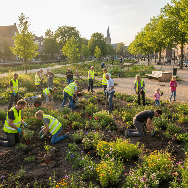 Gemeentewerkers en buurtbewoners werken samen aan aanleg van natuurvriendelijke groene ruimte in Nederlandse wijk