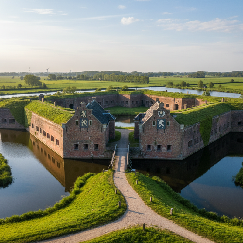 Fort met gevelstenen langs wandelpad bij Hollandse Waterlinie in groen natuurlandschap met waterkanalen