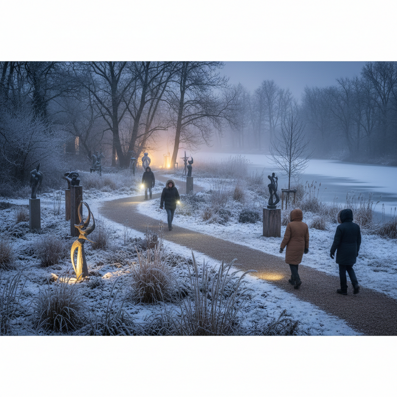 Bezoekers met zaklampen verkennen kleine sculpturen tussen winterse planten in een Nederlandse tuin bij schemering