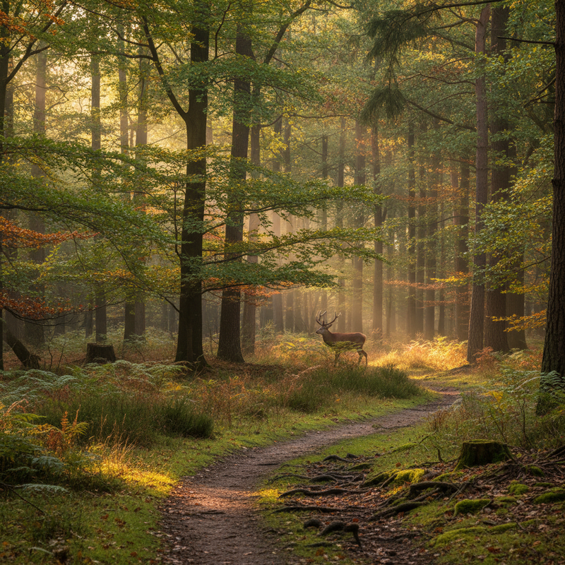 Veluwse boswandeling met herten bij zonsondergang, symboliserend natuurherstel door nieuwe regelgeving