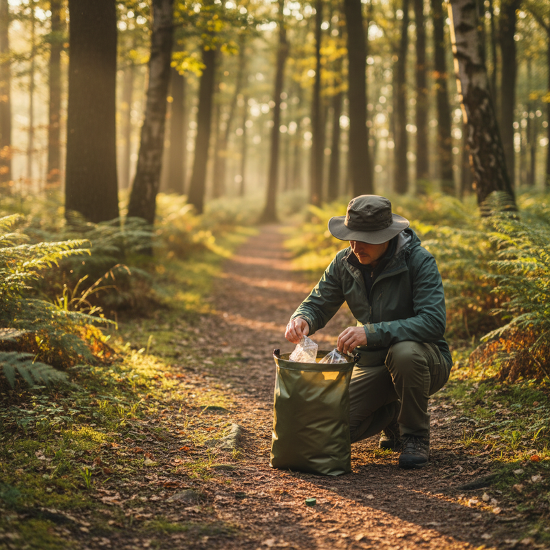 Wandelaar pakt afval op en stopt het in herbruikbare waterdichte zak op bospad in Nederlandse natuur