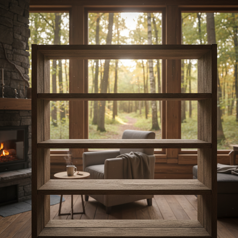 Lege houten boekenplank in hut met uitzicht op Nederlands bos door raam