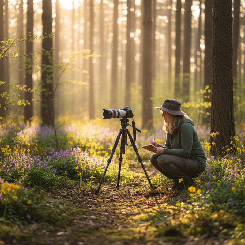 Natuurfotograaf schrijft aantekeningen in notitieboekje naast camera in Nederlands bos tijdens gouden uur