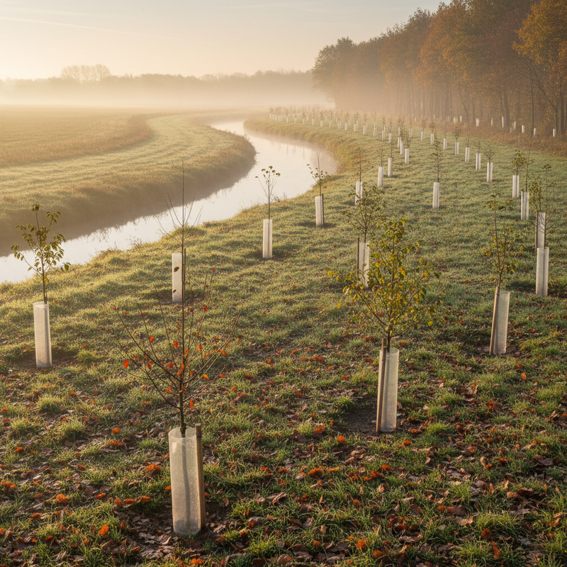 Pas geplante jonge loofbomen met beschermbuizen langs de Dinkel rivier in Overijssel tijdens mistige ochtend