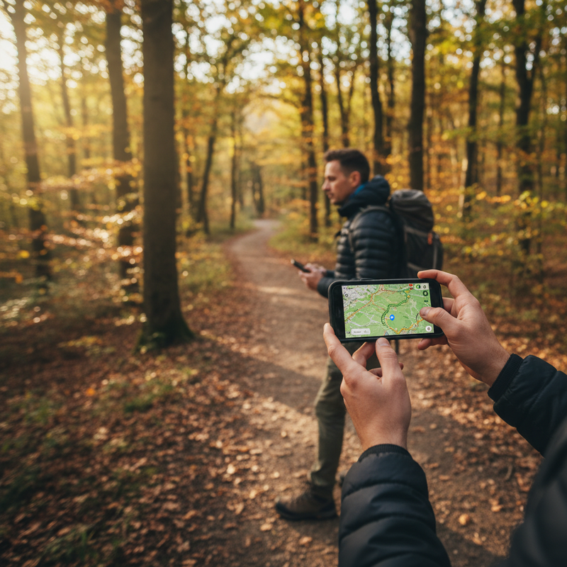 Wandelaar controleert GPS-navigatie-app op smartphone tijdens boswandeling in Nederlandse natuur
