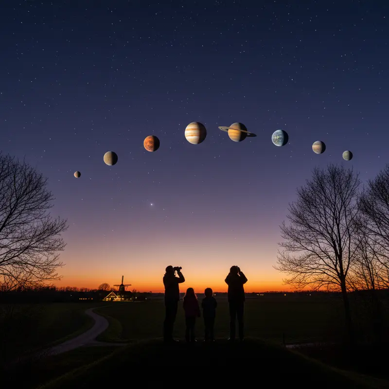 Avondhemel boven Nederlands landschap met zes zichtbare planeten en familie met verrekijker die naar de lucht kijkt