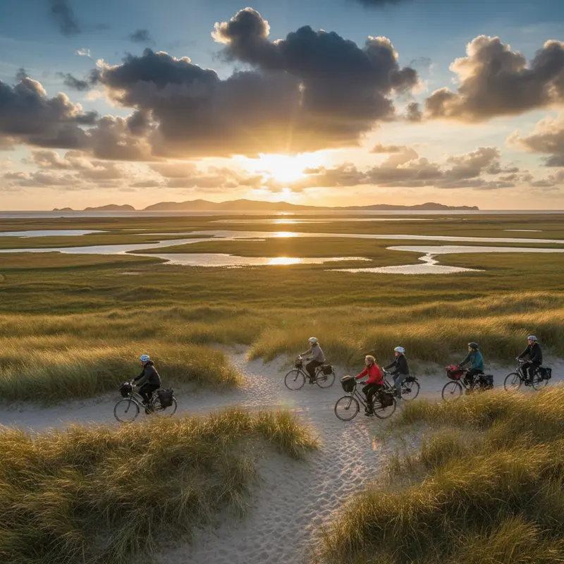 Fietsers op duinpad met uitzicht over Waddenzee tijdens gouden uur