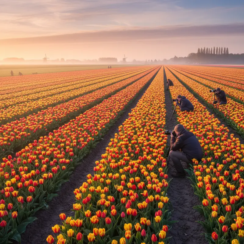 Rijen rode en gele tulpen in Keukenhof bij zonsopgang met fotografen die laag bij de grond werken
