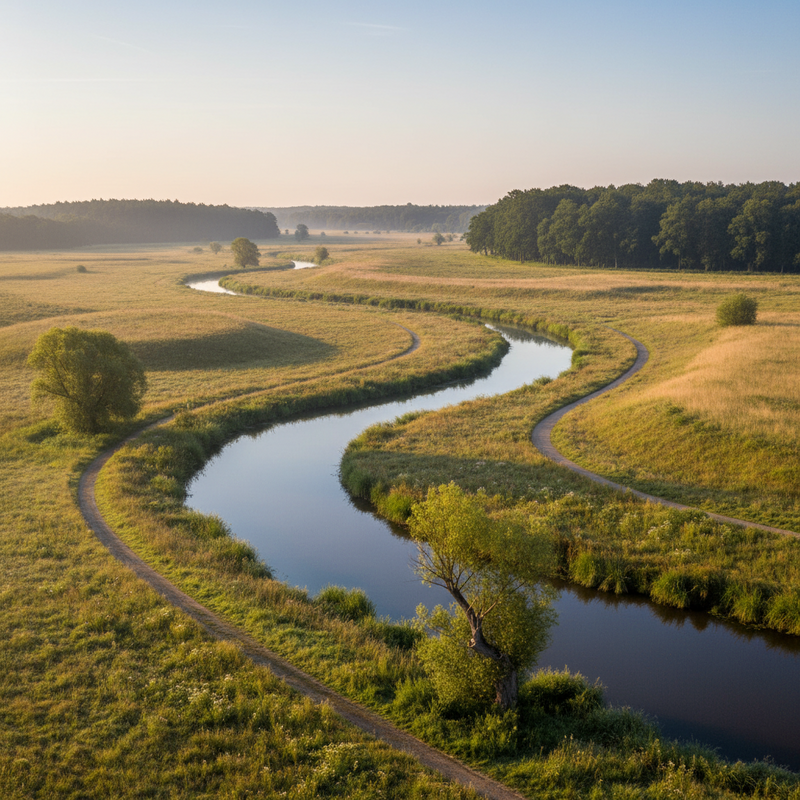 Nederlandse rivierdal met natuurlijke graslanden en wandelpaden, zonder bebouwing, onder zachte ochtendzon