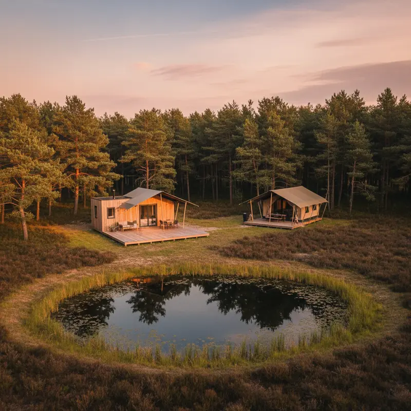 Moderne duurzame tiny house of safaritent op Nederlandse camping omringd door dennenbos en heide landschap met natuurlijke zwemvijver