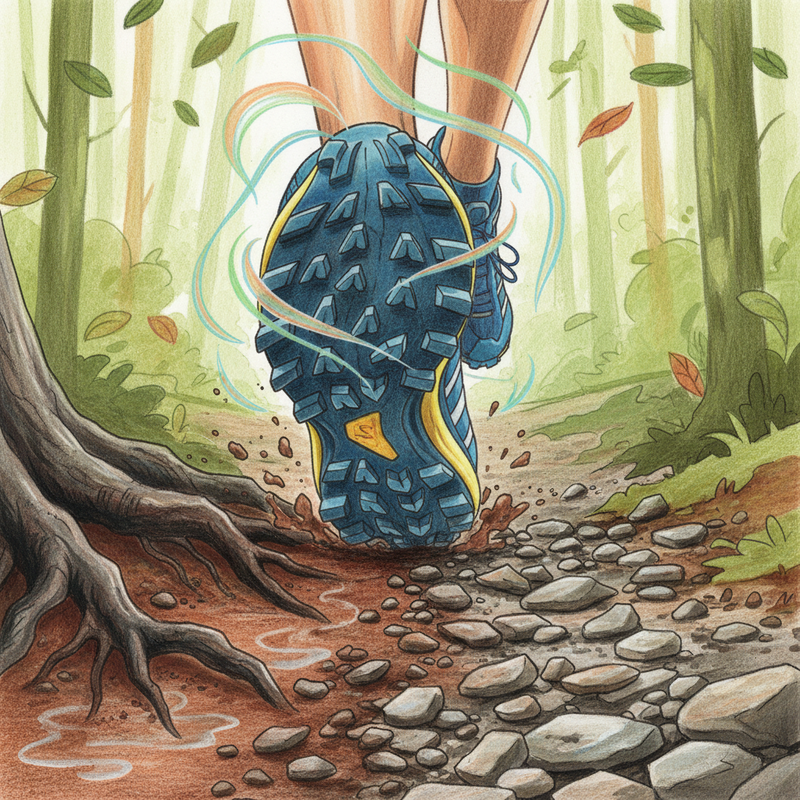Een illustratie van een trailrunner's voet met een blauw-gele schoen die stevig grip heeft op een gevarieerde ondergrond van modder, wortels en los grind, met visuele weergave van schokdemping en stabiliteit.