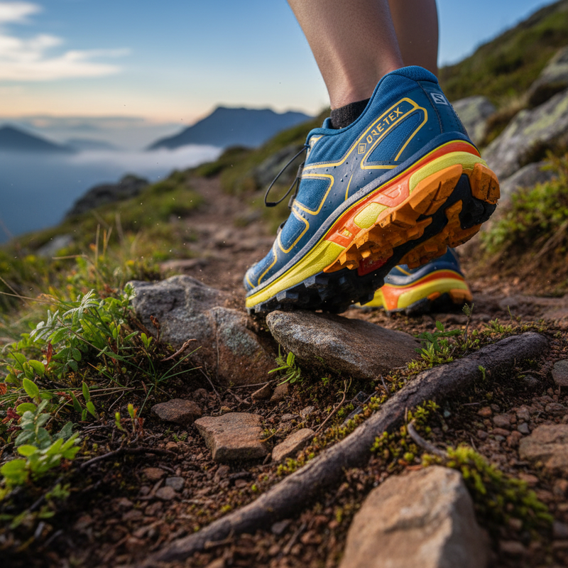 Een illustratie van een trailrunningschoen, de Salomon Sense Ride 3 Gore-Tex, die over rotsen en wortels stapt. De neus en zijkanten van de schoen zijn zichtbaar verstevigd, wat de duurzaamheid op technische paden benadrukt.