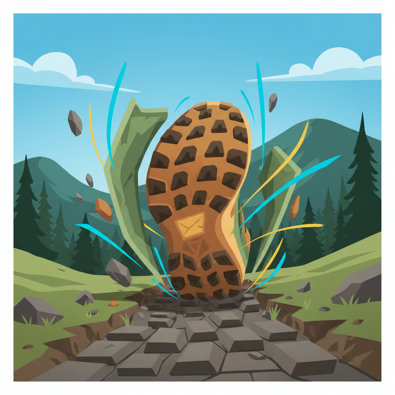 Een kleurrijke, abstracte tekening van een stevig geplaatste voet op een getextureerde bergpad, omringd door symbolen van grip, bescherming en stabiliteit, met een minimalistisch alpine landschap op de achtergrond.