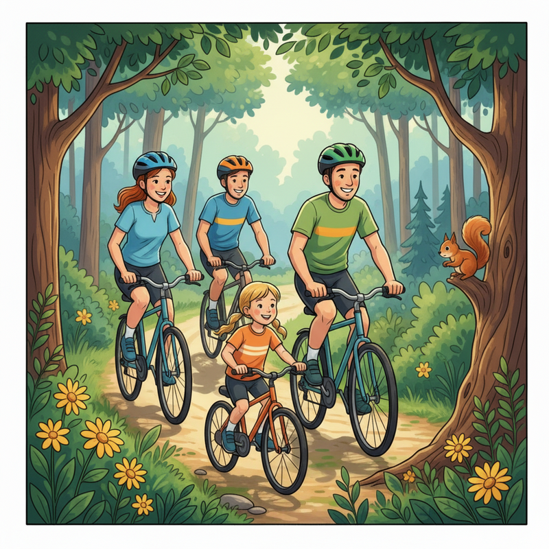 Een illustratie van een gezin (vader, moeder en twee kinderen) dat vrolijk fietst op een zonnig bospad, waarbij de kinderen nieuwsgierig de natuur observeren, zoals een eekhoorn en een gele bloem.