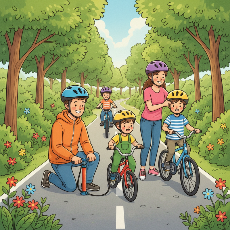 Een vrolijk getekende familie, compleet met helmen en felgekleurde kleding, bereidt zich voor op een fietstocht. Een vader pompt een fietsband op, terwijl een moeder een kind helpt met diens helm. Ze staan op een schilderachtig fietspad omringd door groen.