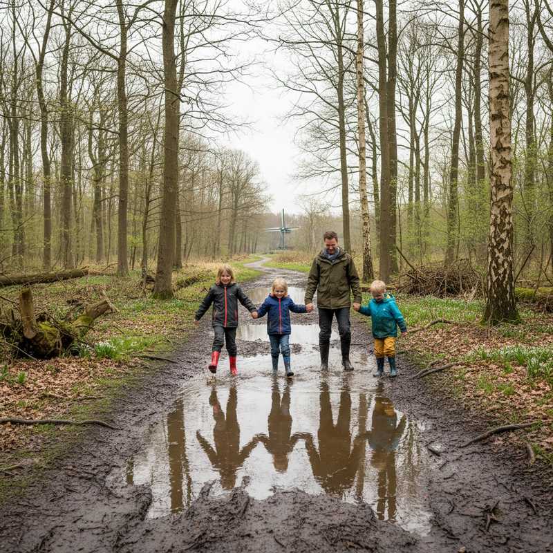 Familie met kinderen wandelt door bospad met plassen tijdens voorjaarsvakantie in Nederlands natuurgebied