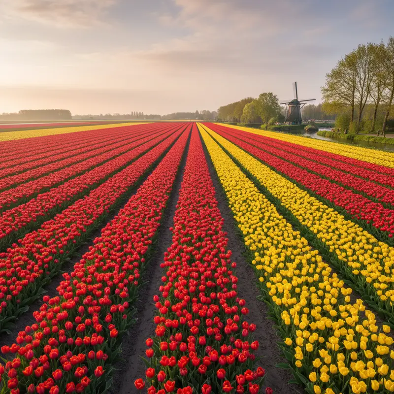 Uitgestrekte rijen rode en gele tulpen in bloei in de Keukenhof tuinen met traditionele Nederlandse molen op de achtergrond