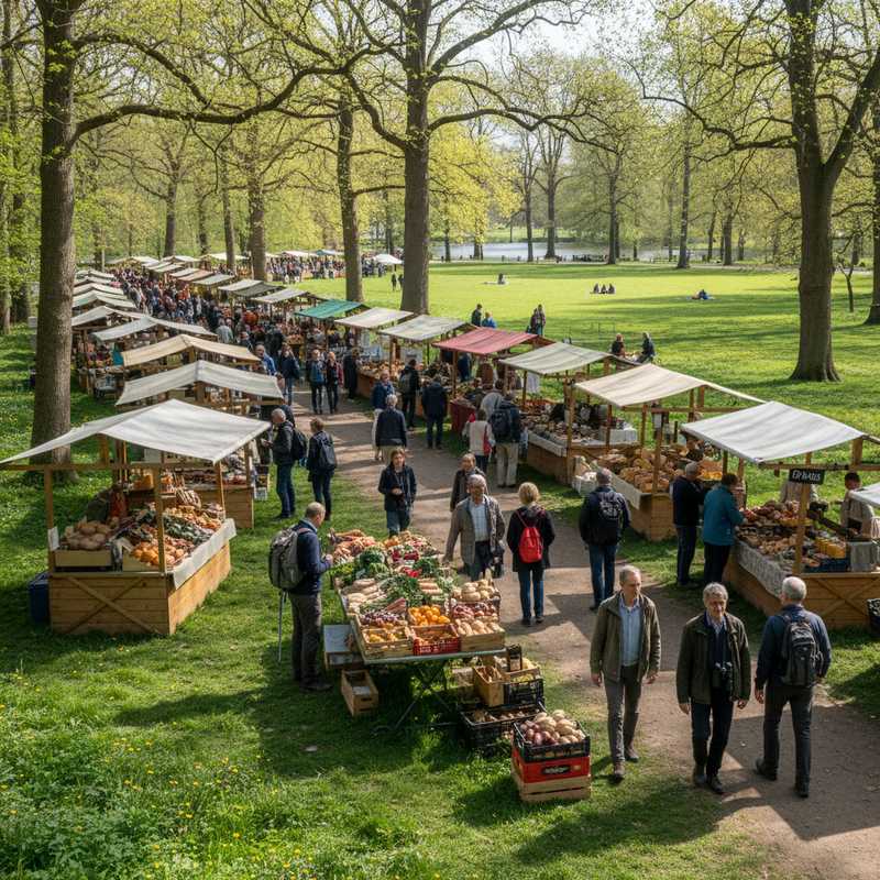 Outdoor market with food stalls in a green Amsterdam park with visitors wearing backpacks and hiking gear