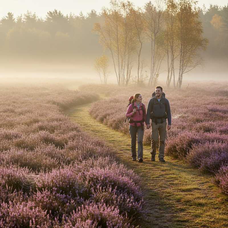 Wandelaars met rugzakken in Nederlands heidelandschap met paarse heide en berken in ochtendlicht