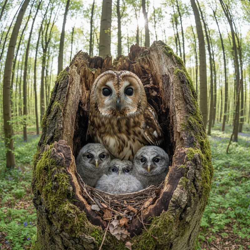 Bosuil met drie jonge kuikens in een boomholte nest in het bos van De Mortel