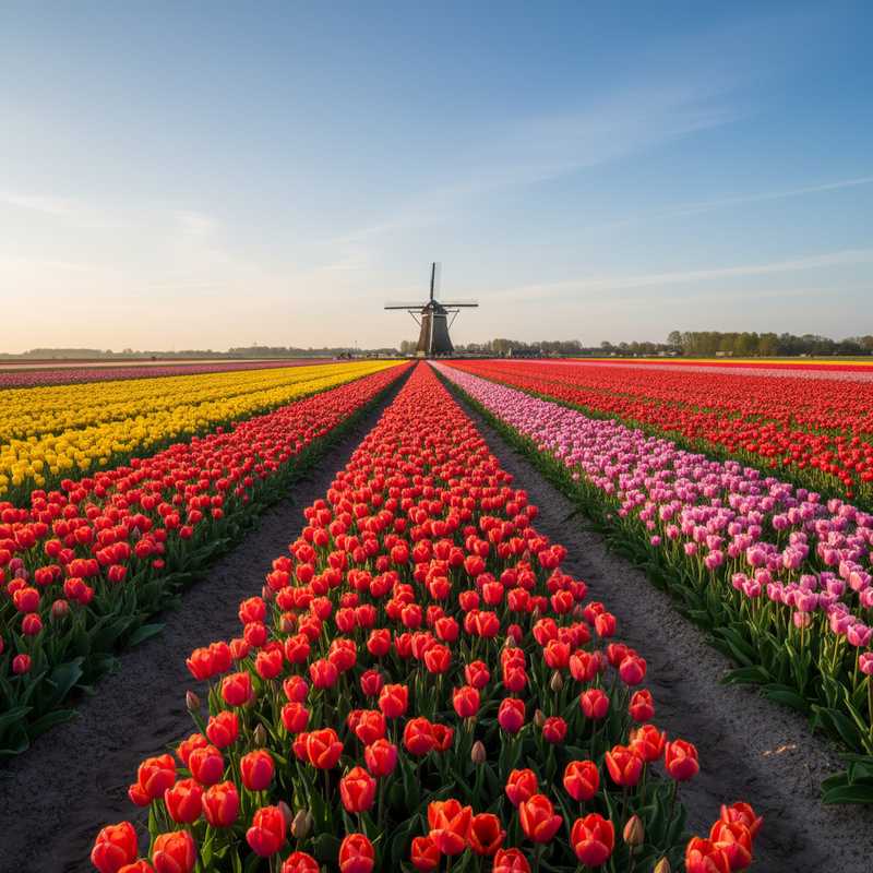 Kleurrijke tulpenvelden in ochtendlicht bij Keukenhof met Nederlandse windmolen op de achtergrond