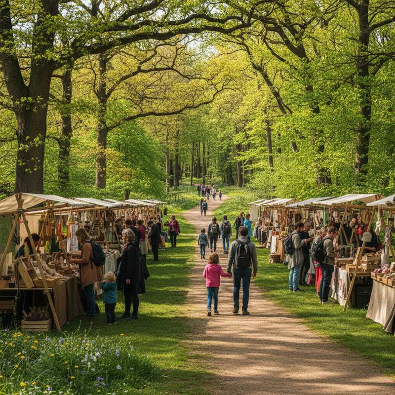 Outdoor market with sustainable product stalls in green park setting with hiking trails visible in background