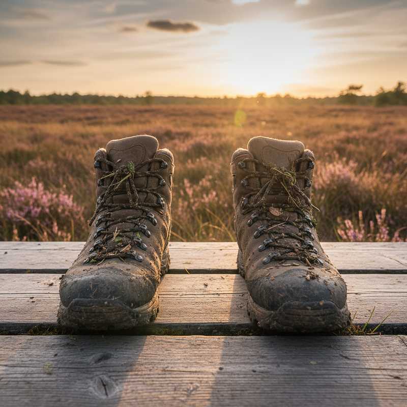 Close-up van modderige wandelschoenen op een houten pad met zichtbare plantenzaden aan de zolen