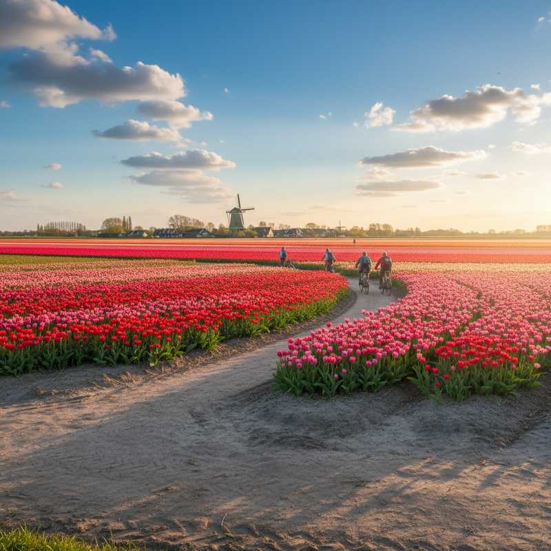 Wandelaars op pad door kleurrijke tulpenvelden in Nederland tijdens het voorjaar met fietspaden en blauwe lucht