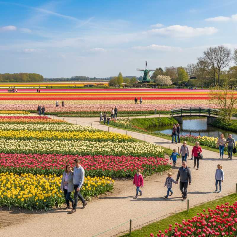Keukenhof tuinen met kleurrijke tulpenvelden en wandelende bezoekers in het voorjaar