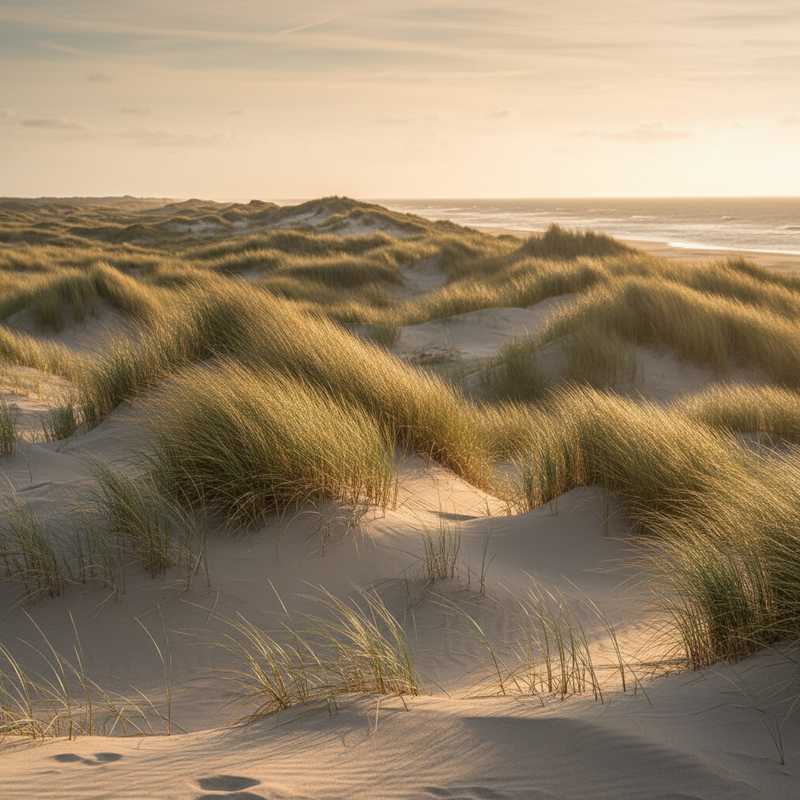 Helmgras patches verspreid over zandduinen op Texel tijdens gouden uur, tonend natuurlijk duinherstel