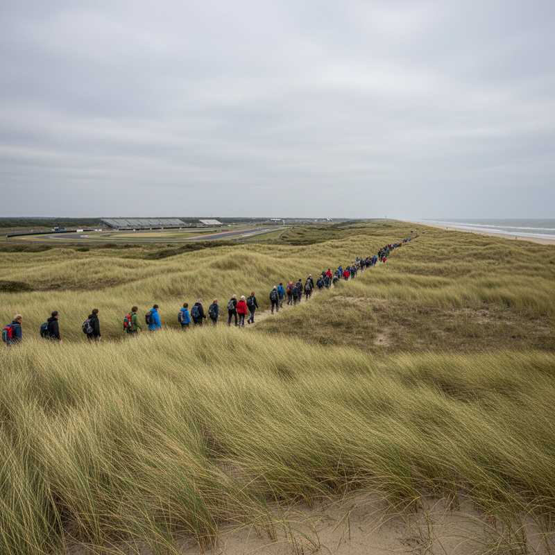 Wandelaars op pad door duinlandschap bij Zandvoort met helmgras en circuit op achtergrond
