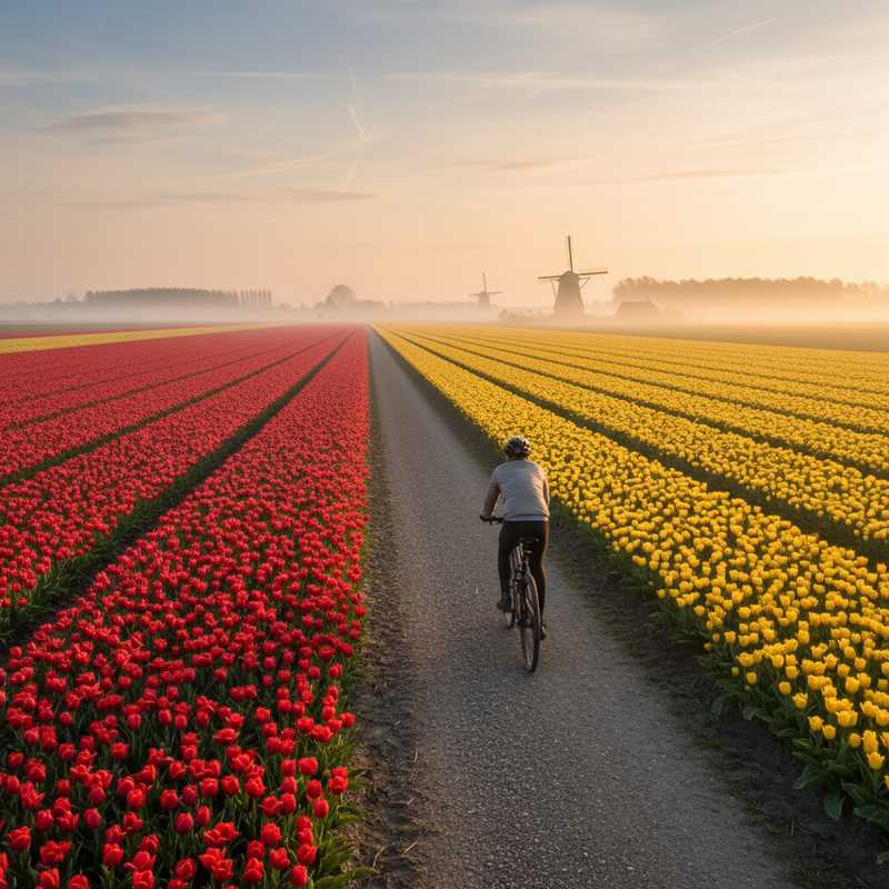 Fietser rijdt door kleurrijke tulpenvelden bij zonsopkomst in Nederlands polderland met windmolens op de achtergrond
