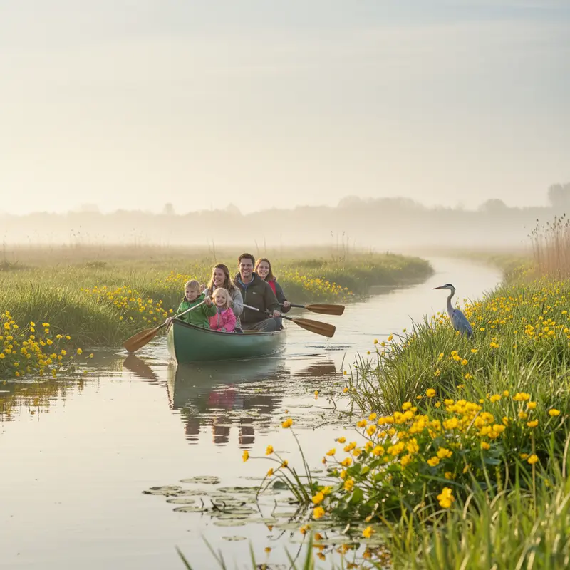 Familie met kinderen in kano tussen bloeiende moerasplanten en riet in Weerribben-Wieden Nationaal Park op lentemorgen