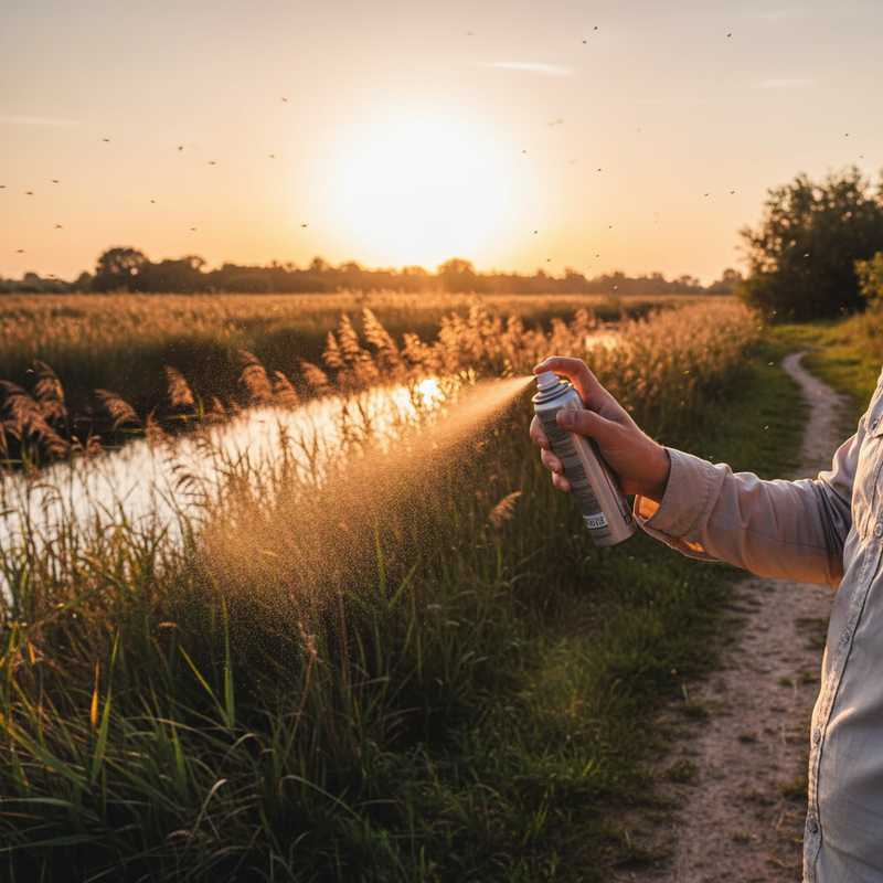 Wandelaar brengt anti-muggenspray aan tijdens hike in Nederlands moerasgebied bij schemering