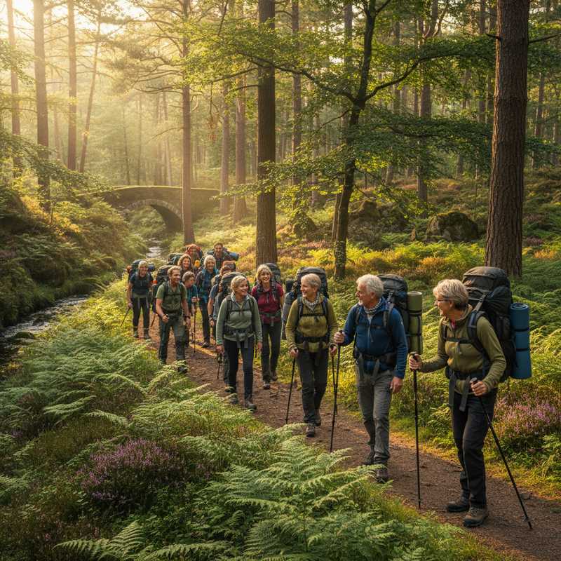 Groep wandelaars met rugzakken op Nederlands bospad tijdens gouden uur