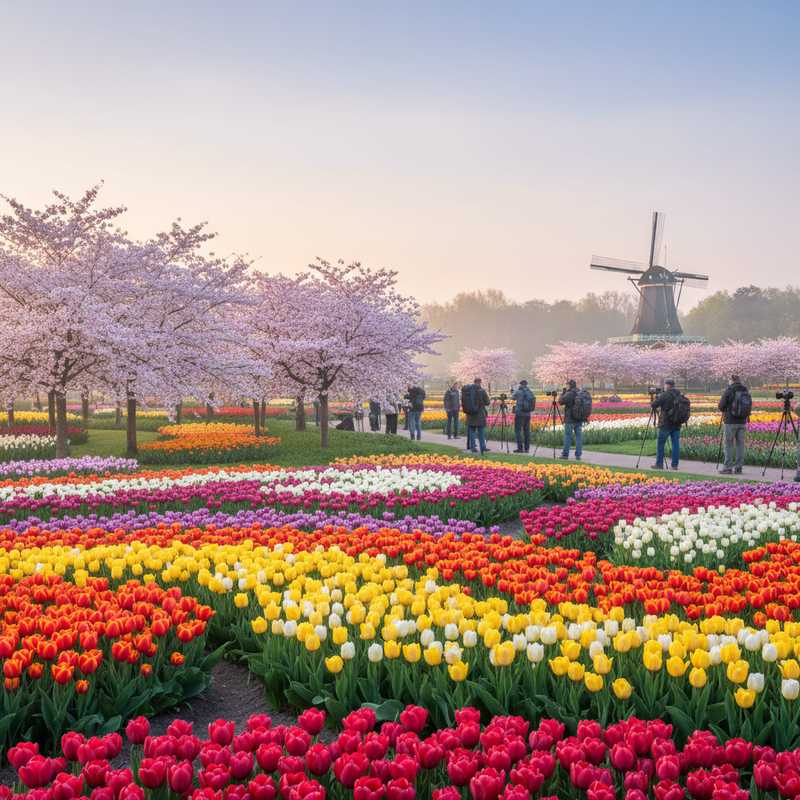 Kleurrijke tulpenvelden met kersenbloesembomen op de achtergrond in Keukenhof, Nederland, met wandelaars en windmolen in het landschap