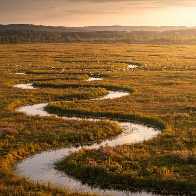 Natuurlijk wetlandlandschap met waterkanalen en vegetatie tijdens gouden uur, symboliseert Europees natuurherstelproject