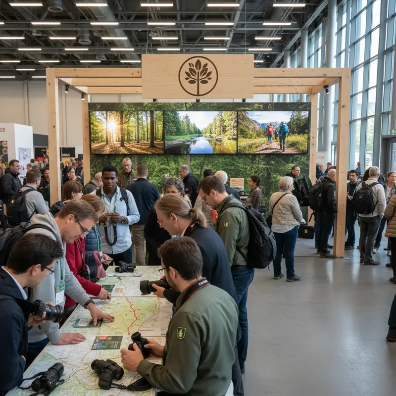 Bezoekers bekijken wandelkaarten en natuurfotografie-apparatuur bij informatiestand met bosbeelden op schermen