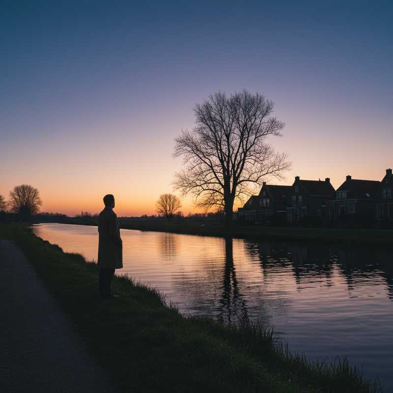 Person standing outdoors observing twilight sky during dusking ritual by water with trees