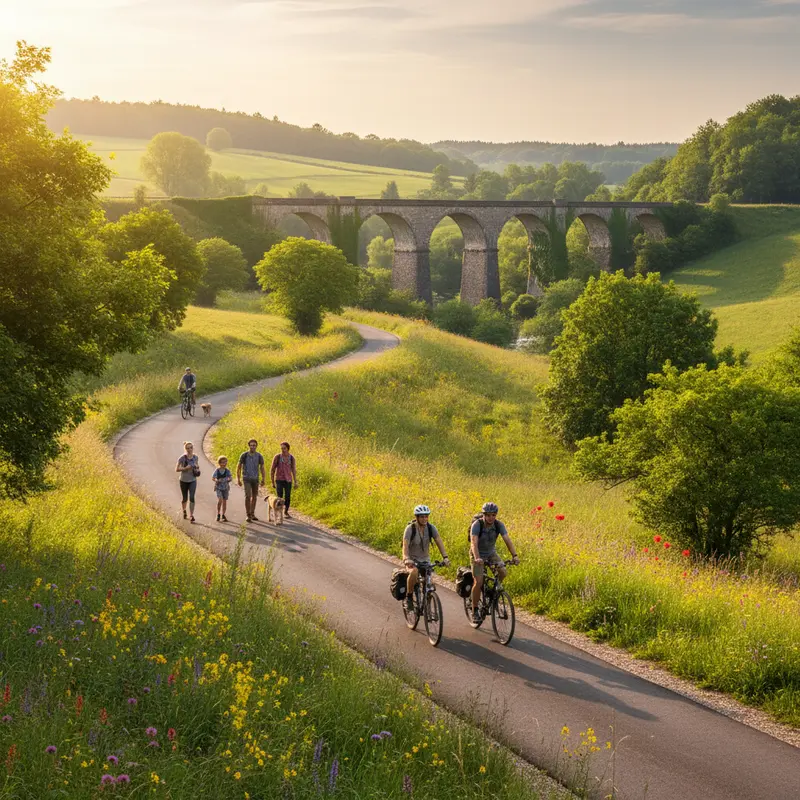 Autovrije greenway fietspad door groen Europees landschap met oud spoorviaduct op de achtergrond