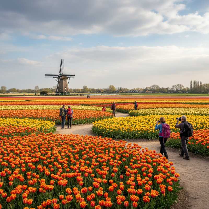 Kleurrijke tulpenvelden met wandelaars op pad en traditionele Nederlandse molen onder voorjaarslicht