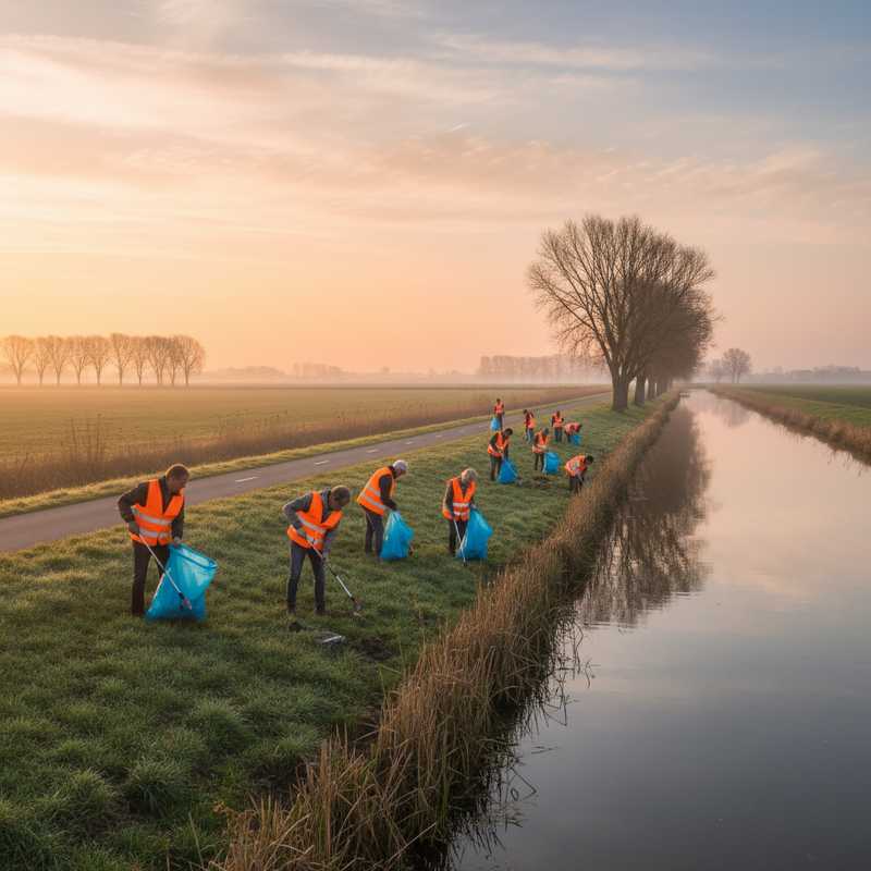 Groep vrijwilligers in oranje hesjes ruimt zwerfvuil op langs Nederlandse waterkant bij zonsopkomst in vroege lente