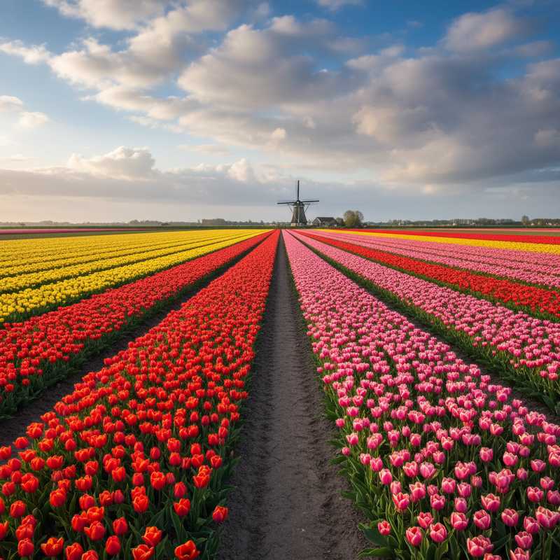 Kleurrijke rijen tulpen in rood, geel en roze in Nederlandse bloembollenvelden met wandelpad en windmolen op achtergrond