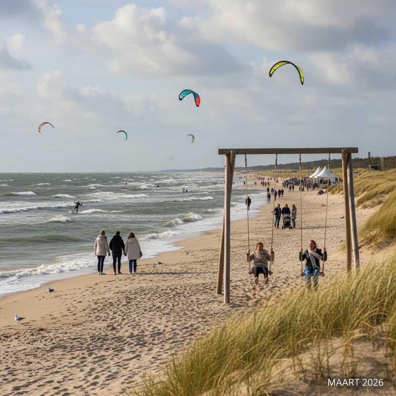 Kitesurfers en families genieten van voorjaarsactiviteiten op het strand van Noordwijk met schommels en golven