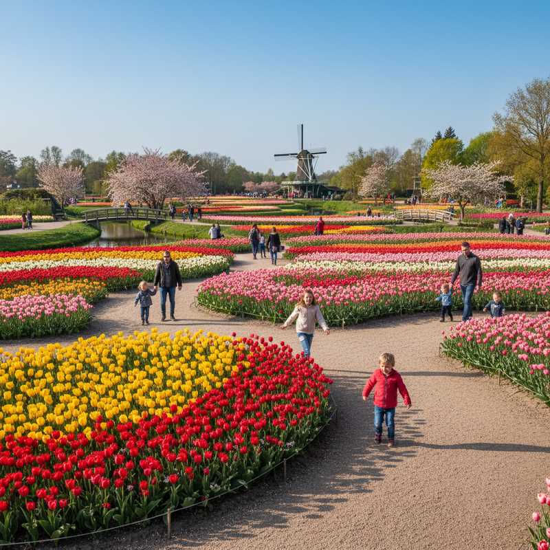 Familie wandelt over pad tussen kleurrijke tulpenvelden in Keukenhof tuinen met windmolen op achtergrond