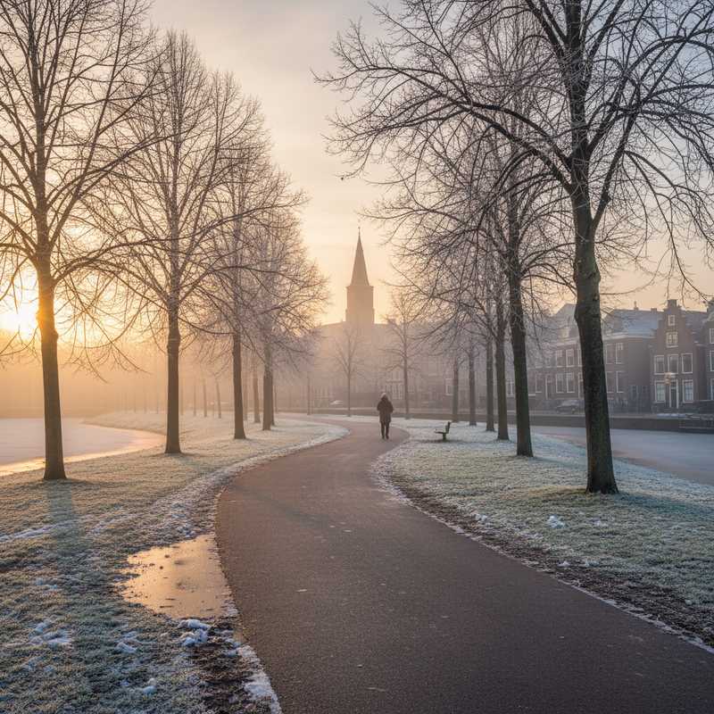 Berijpt wandelpad door Nederlands stadspark met kale bomen en lichte mist op winterse ochtend