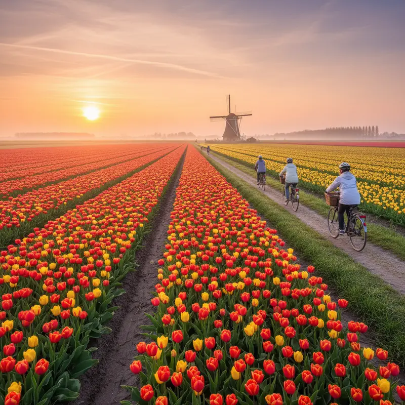 Endless rows of colorful tulips in flat Dutch landscape with windmill and cycling paths through flower fields at sunrise